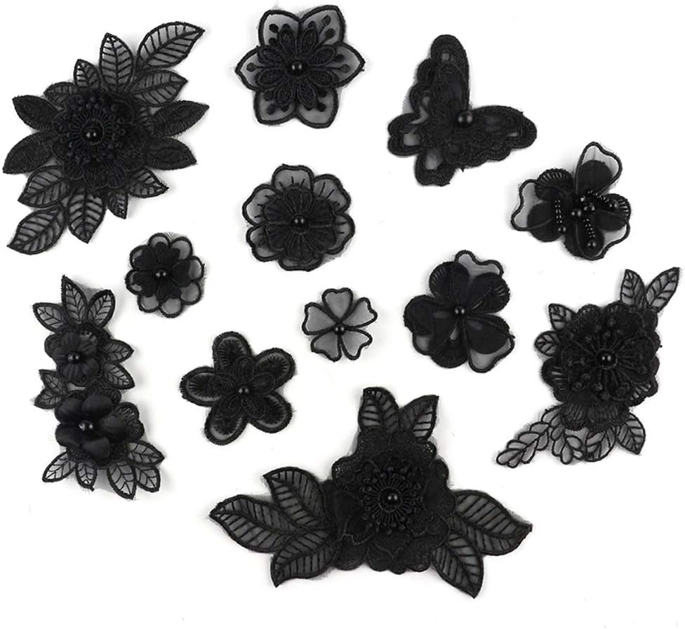 XUNHUI Black 3D Floral Embroidery Applique Beaded Pearl Tulle DIY Wedding Dress Sewing Clothing Applique Lace Costumes Decoration Patch 1Set/12Pieces