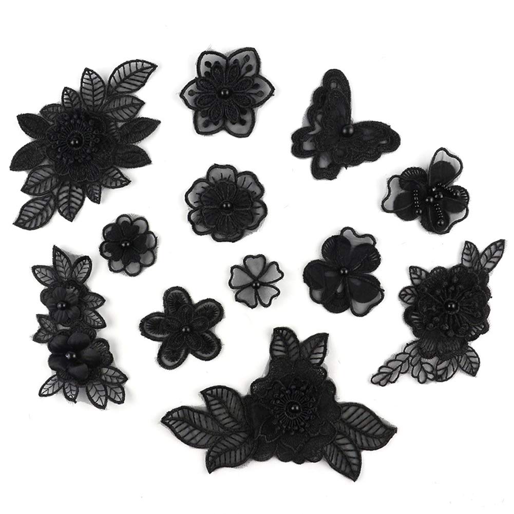 XUNHUI Black 3D Floral Embroidery Applique Beaded Pearl Tulle DIY Wedding Dress Sewing Clothing Applique Lace Costumes Decoration Patch 1Set/12Pieces