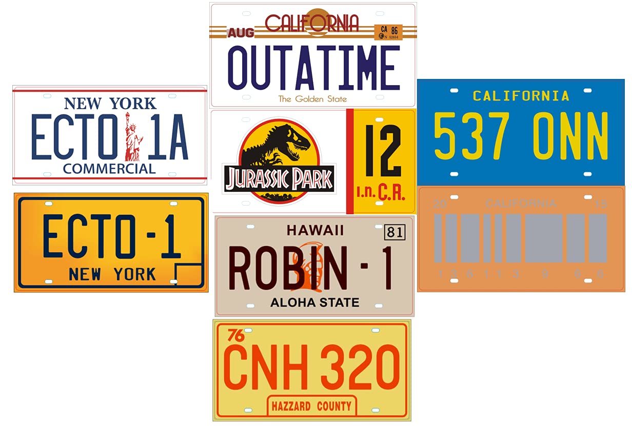 OPO 10 - Set of 8 car license plate replicas from the famous JURASSIC GHOSTBUSTERS STARSKY MAGNUM and BACK TO THE FUTURE movies (PF05)