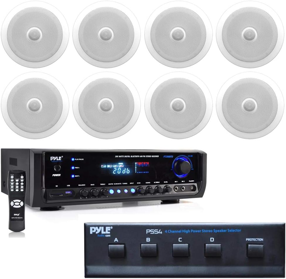Pyle Digital Home Theater Bluetooth Stereo Receiver, (8) in-Wall/in-Ceiling Dual 8-inch Speakers with 4 Channel Speaker Selector