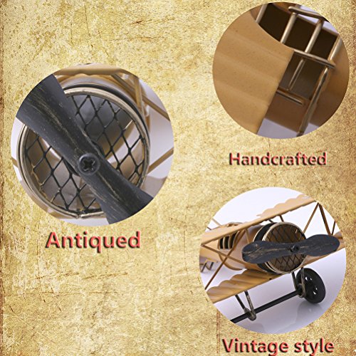 Vintage Airplane Model Metal Handicraft, Wrought Iron Aircraft Biplane, for Photo Props/Christmas/Home Decor/Ornament (Yellow) - Thumbnail 6