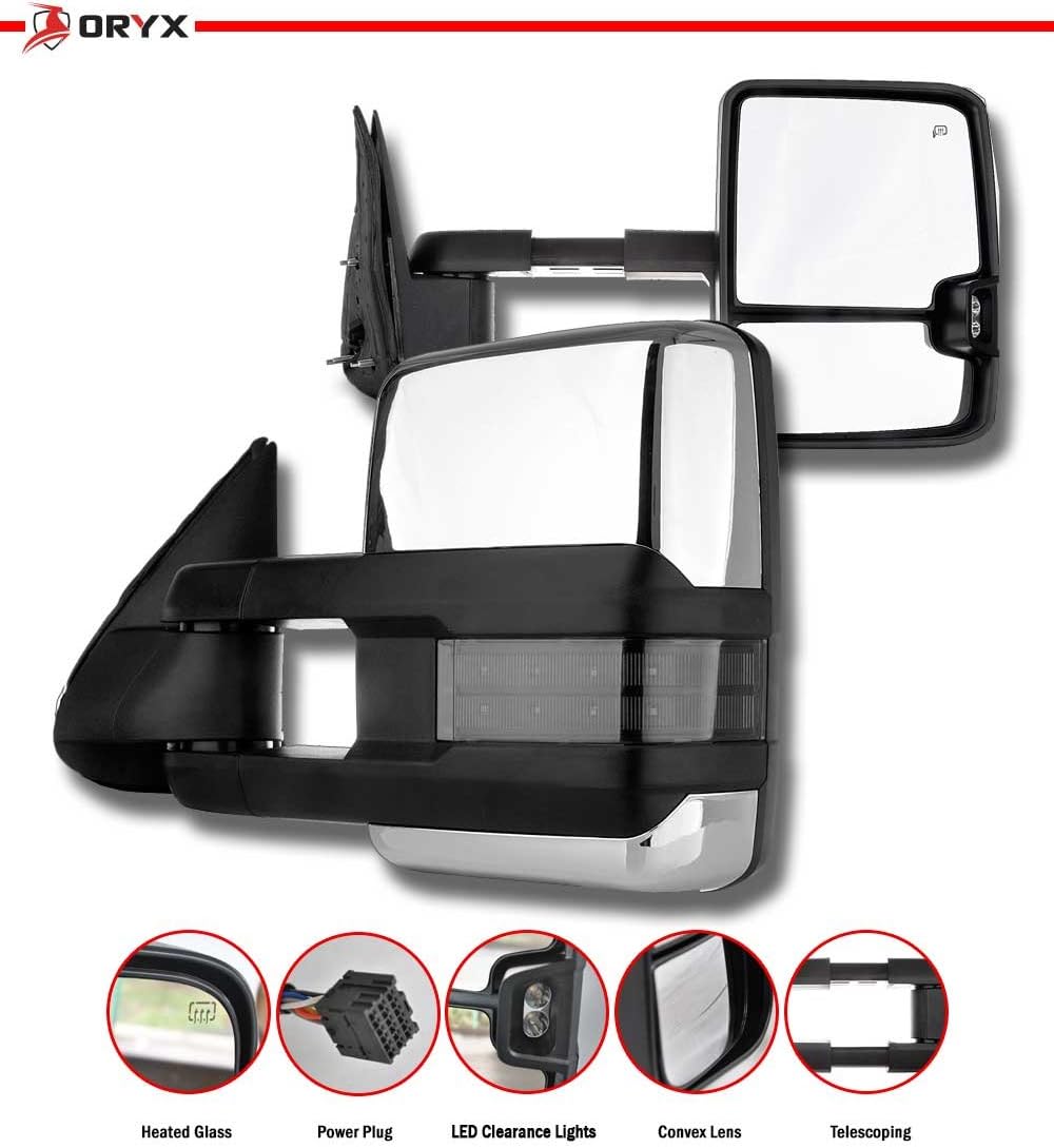 ORYX Power Heated Smoked Turn Signal & Manual Telescoping Chrome Cap Towing Mirror Pair For GM Silverado Sierra 2014-2016