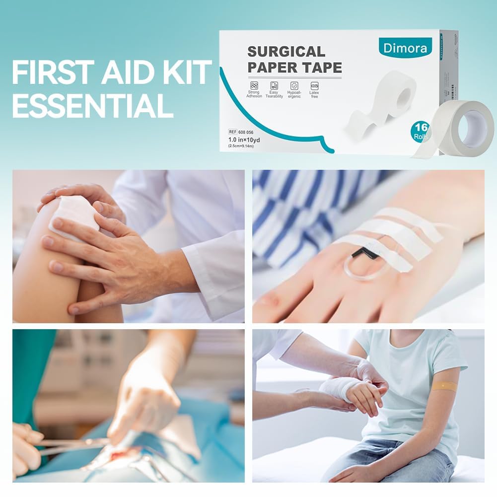 Dimora Paper Medical Tape 16 Rolls- Hypoallergenic White Surgical Tape for Sensitive Skin，Breathable First Aid Wound Tape with Pain-Free Removal，Secures Dressing and Medical Devices -1