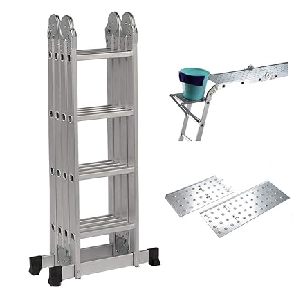 EQUAL Foldable and Adjustable Aluminium 4 x 4 Steps Super Ladder Cum Working Bench Table with Scaffolding Platform and Shelf, 15ft (Anodized Silver)