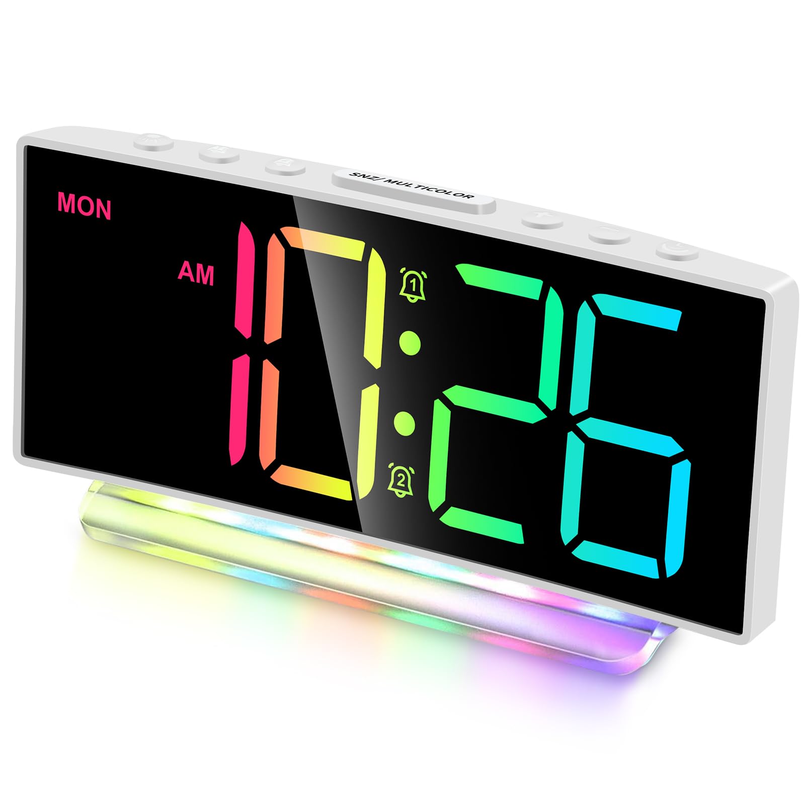 Cadmos Loud Alarm Clocks for Heavy Sleepers,Adults,Kids,Teens,Large Digital Display,7 Color Night Light,Adjustable Volume,Battery Backup,Small Bedside Clocks for Bedrooms (White+Dynamic)