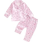 Aiwpstoin Toddler Baby Girl Silk Pajamas Set Floral Print Long Sleeve Button Down Shirt Pants Matching Pjs Lounge Set