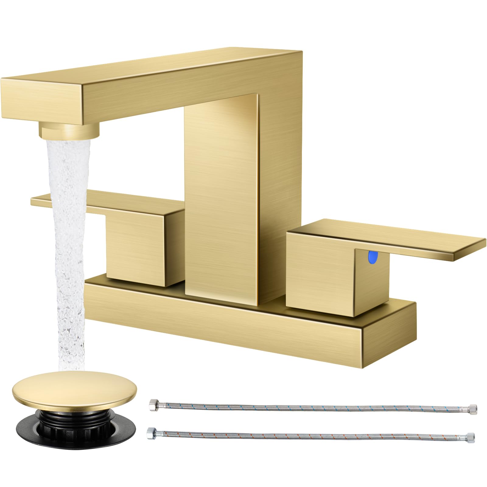Photo 1 of Cobbe Bathroom Faucets for Sink 3 Hole, Brushed Gold Bathroom Sink Faucet Square 4 Inch Centerset with Pop-Up Drain, 2 Handle and 2 Supply Hoses, Lead-Free Stainless Steel for Vanity, Rv, Farmhouse