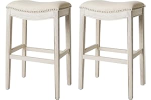 Maven Lane Adrien Backless Bar Stool – Set of 2 – 31 Inch Saddle Seat with Footrest – Cream Solid Wood Frame & Natural Fabric Upholstery – Ideal for Bars, Pub Tables & Tall Kitchen Counters