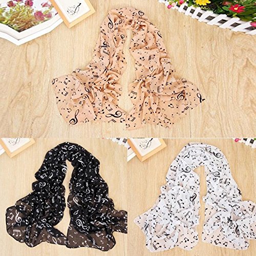 Qenci Chiffon Scarf Musical Note Printed Neck Lightweight Scarf Shawl Wrap White