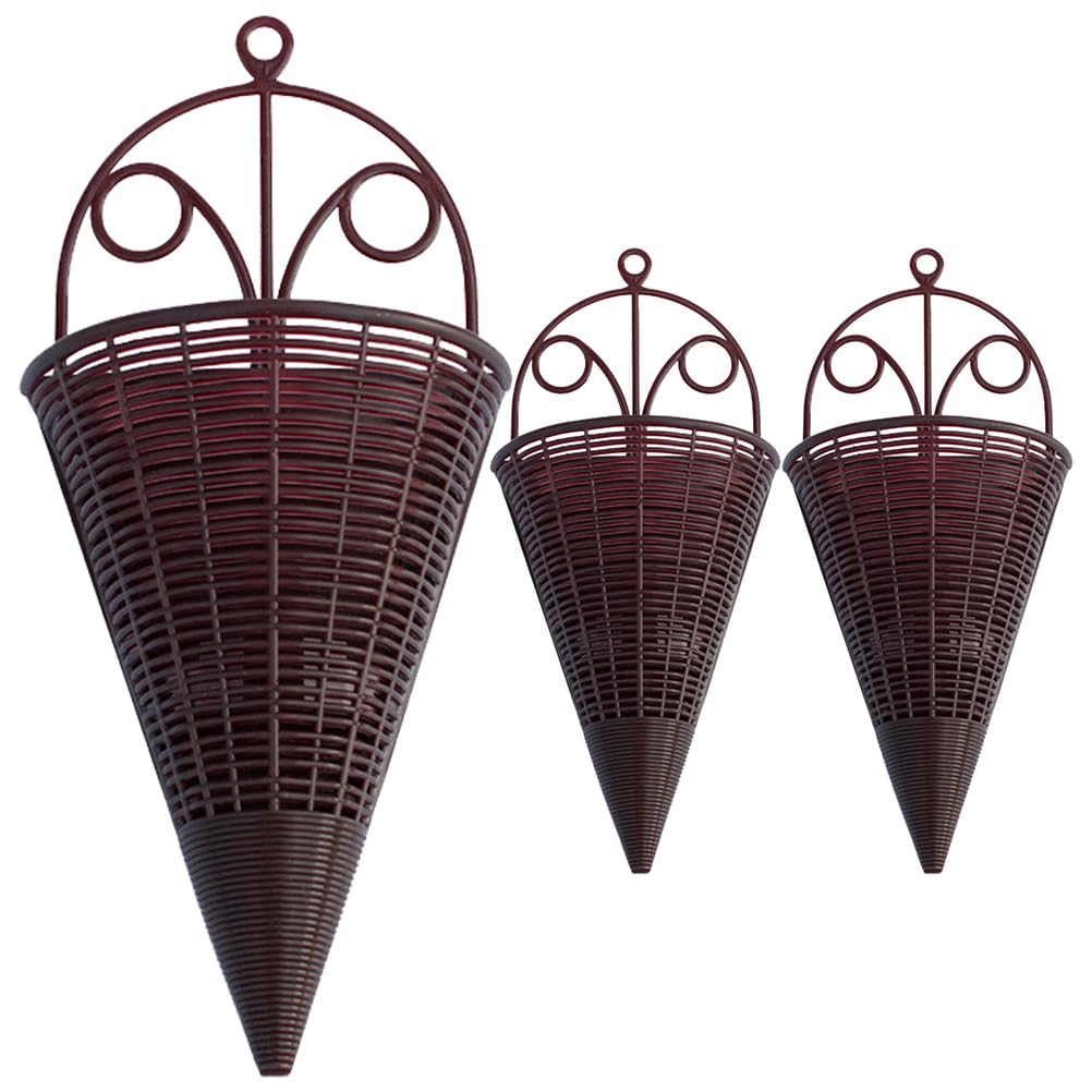 Happyyami 3Pcs Rattan Wall Hanging Planter Basket Cone Shaped Rustic Flower Pot for Indoor Outdoor Garden Decor Brown