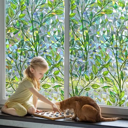 Privacy Window Film, Stained Glass Window Stickers, Rainbow Green Leaves Glass Door Film, Non-Adhesive, Static Window Sticker for Door, Home, Office, Decorative