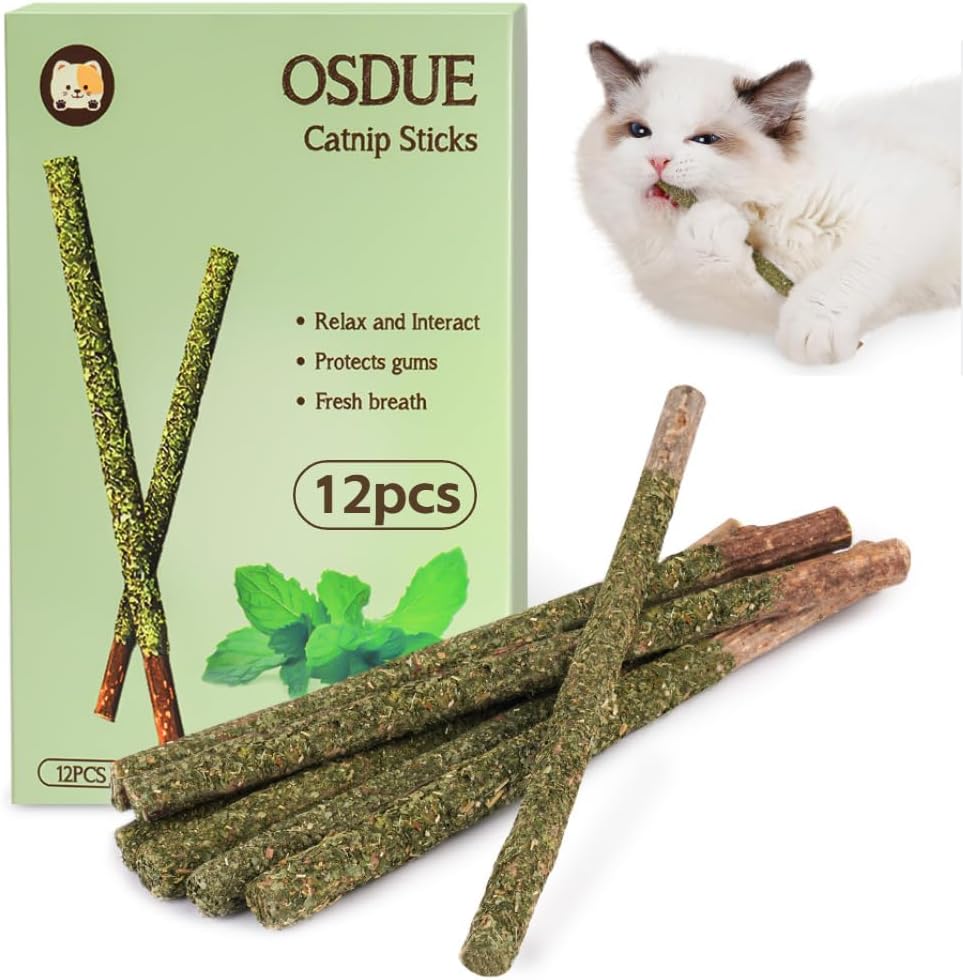 OSDUE Catnip Sticks Cat Teething Toys 12pcs Natural Wood Chews for Teeth