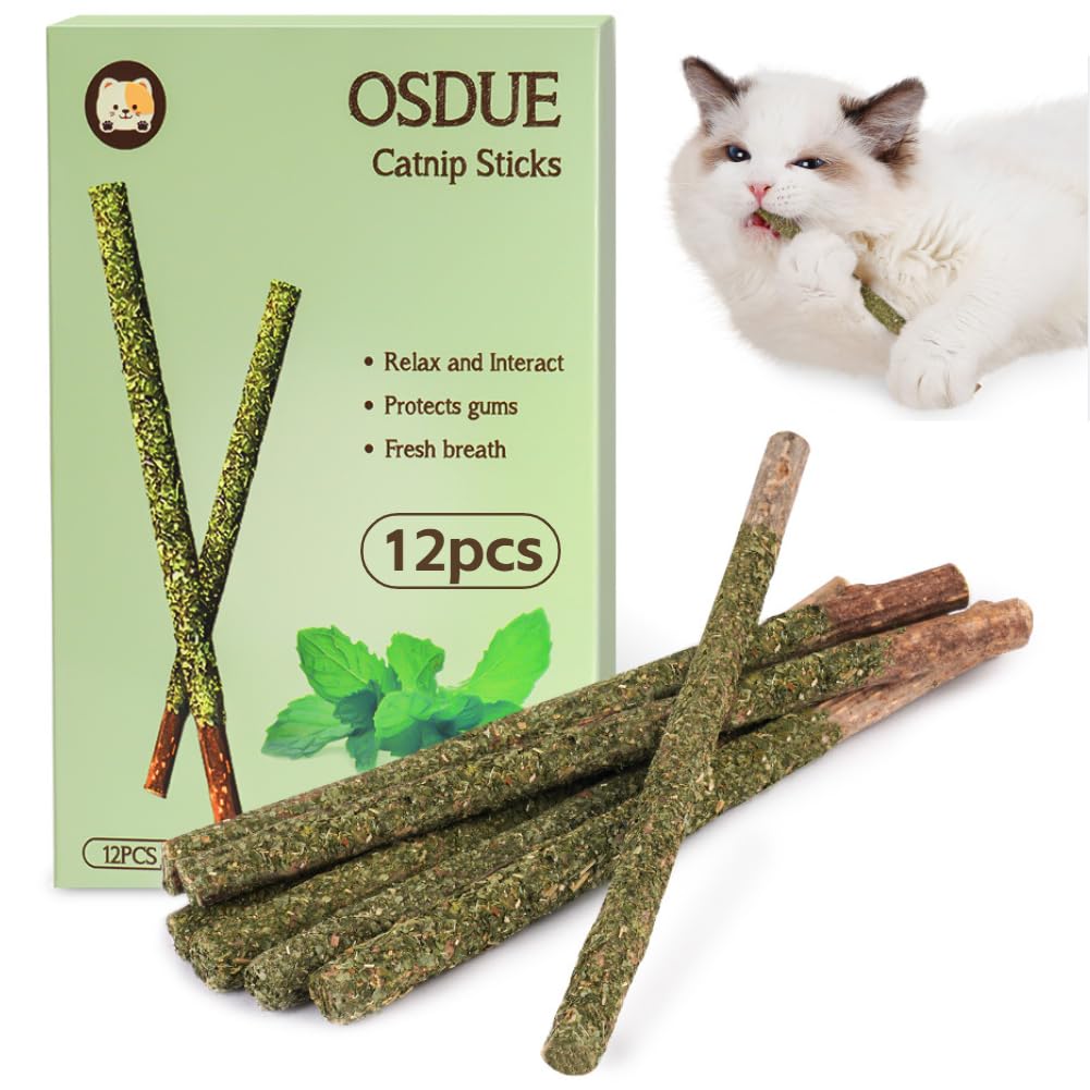 OSDUE Catnip Sticks and Teething Toys for Cats - 12PCS Natural Wood Chew Toy for Teeth Cleaning, Grinding - Cat Kitten Kitty Play and Relax