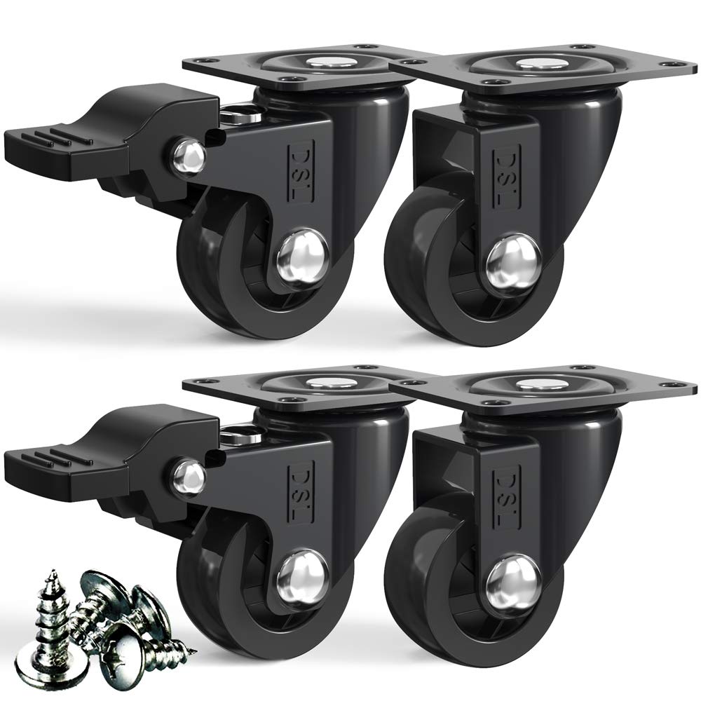 DSL Small Swivel Castor Wheels Trolley 25mm– Heavy Duty Caster Wheels Set of 4 – Rubbered Wheel for Furniture with 2 Brakes- Black up to 60KG +Free Fitting Castors for Furniture…
