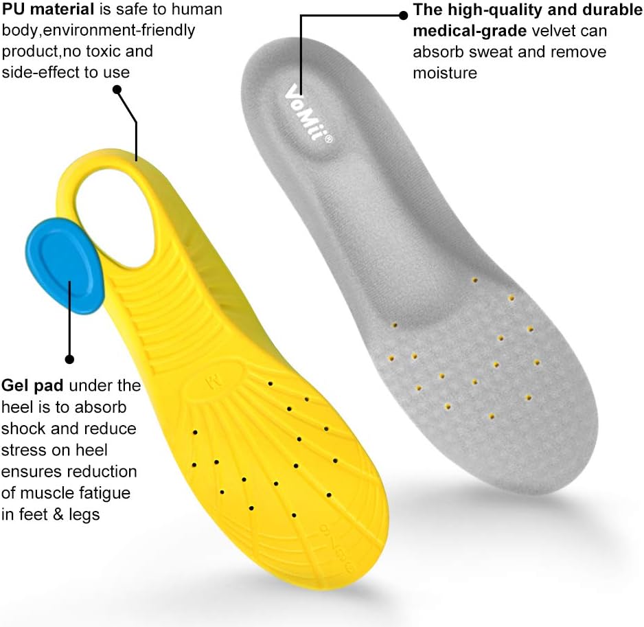 VoMii PU Memory Foam Insoles Plantar Fasciitis Arch Support Insoles for Women Men and Kids, Comfortable Breathable Sports Shoe Inserts, Shock Absorption and Relieve Foot Pain, M(Men 6-9/ Women 7-11): Health & Personal Care