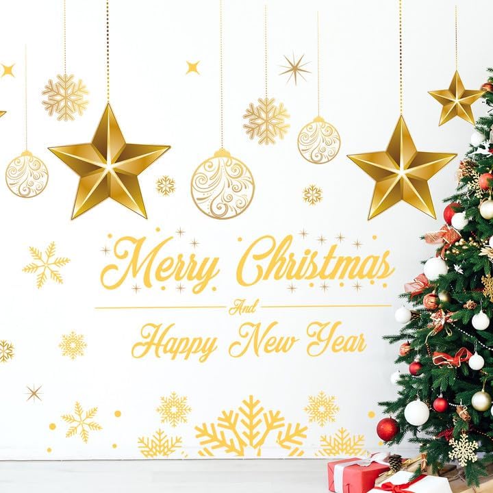Photo 1 of ***ITEM IS USED***
61x 34.2 Inch Gold Merry Christmas Wall Decals Happy New Year Wall Stickers Removable Christmas Lights Balls Stars Snowflakes Wall Sticker Decor for Xmas Holiday Party Supplies Home Wall Decor