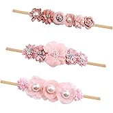 cherrboll 3pcs Baby Girl Flower Headbands, Super Soft & Stretchy Nylon Floral Hairbands for Newborn Toddler