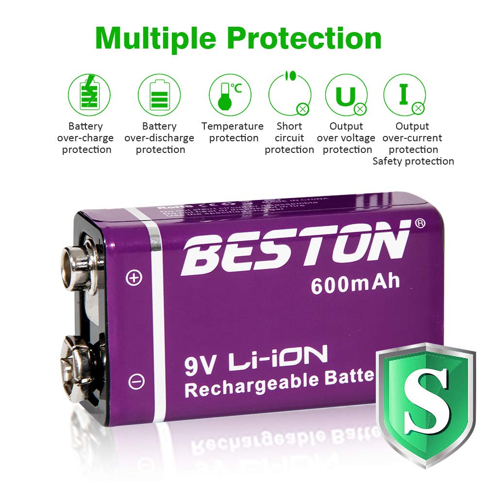 BESTON 9 Volt Rechargeable Lithium Ion Batteries with high Capacity