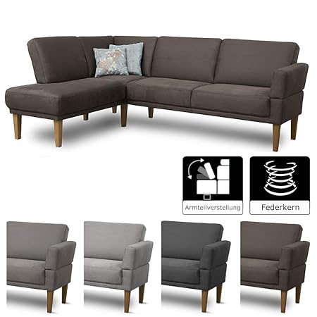 CAVADORE Eckbank Femarn mit Federkern und Verstellbarer Armlehne/Sitzecke für Küche oder Esszimmer / 254 x 98 x 187 cm/Mikrof