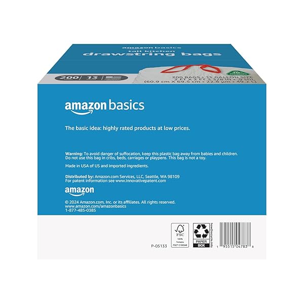 AMAZON BASICS 13 GALLON TALL KITCHEN DRAWSTRING TRASH BAGS, UNSCENTED, 10% POST CONSUMER RECYCLED, 200 COUNT