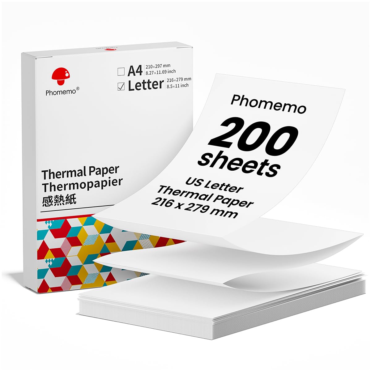 Phomemo 200 Sheets Thermal Printer Paper, US Letter Paper Size 216 mm X 279mm (8.5'' X 11''), Compatible with M832/M831/M833 Portable Printers, Suitable for Printing Documents, Pictures, and Forms
