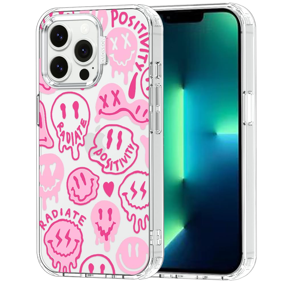 MOSNOVO Case for iPhone 13 Pro, [Buffertech 6.6ft Military-Grade Drop Protection] [Anti Peel Off Tech] Clear TPU Bumper Phone Case Cover Design - Pink Dripping Smiles Positivity Radiate Face — image 1