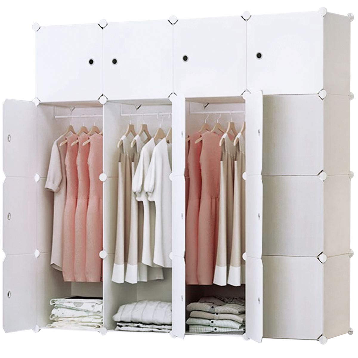 BRIAN & DANY 16 Cubes Clothes Closet, Plastic Wardrobe with Doors & 3 Hangers, Deeper Cubes than Normal (45 cm vs. 35 cm) for Larger Capacity, White