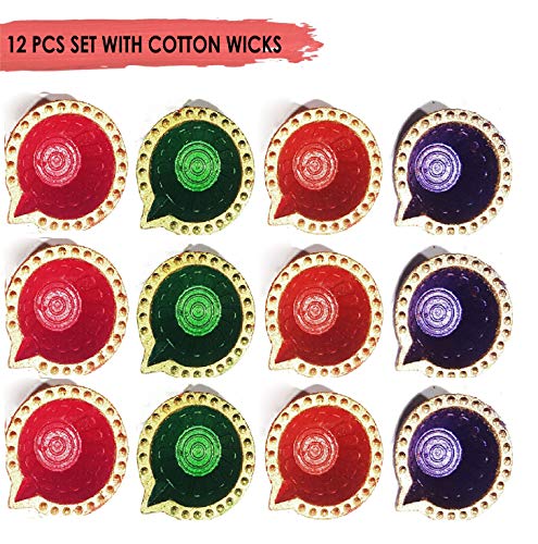 12 Pc Set of Diwali Gift Decorations Diya.Handmade Natural Earthen Oil Lamp/Welcome Traditional Diyas with Cotton Wicks Batti. Deepawali Diya Lamp. Earthen Oil lamp Indian Gift Items (Design 1)