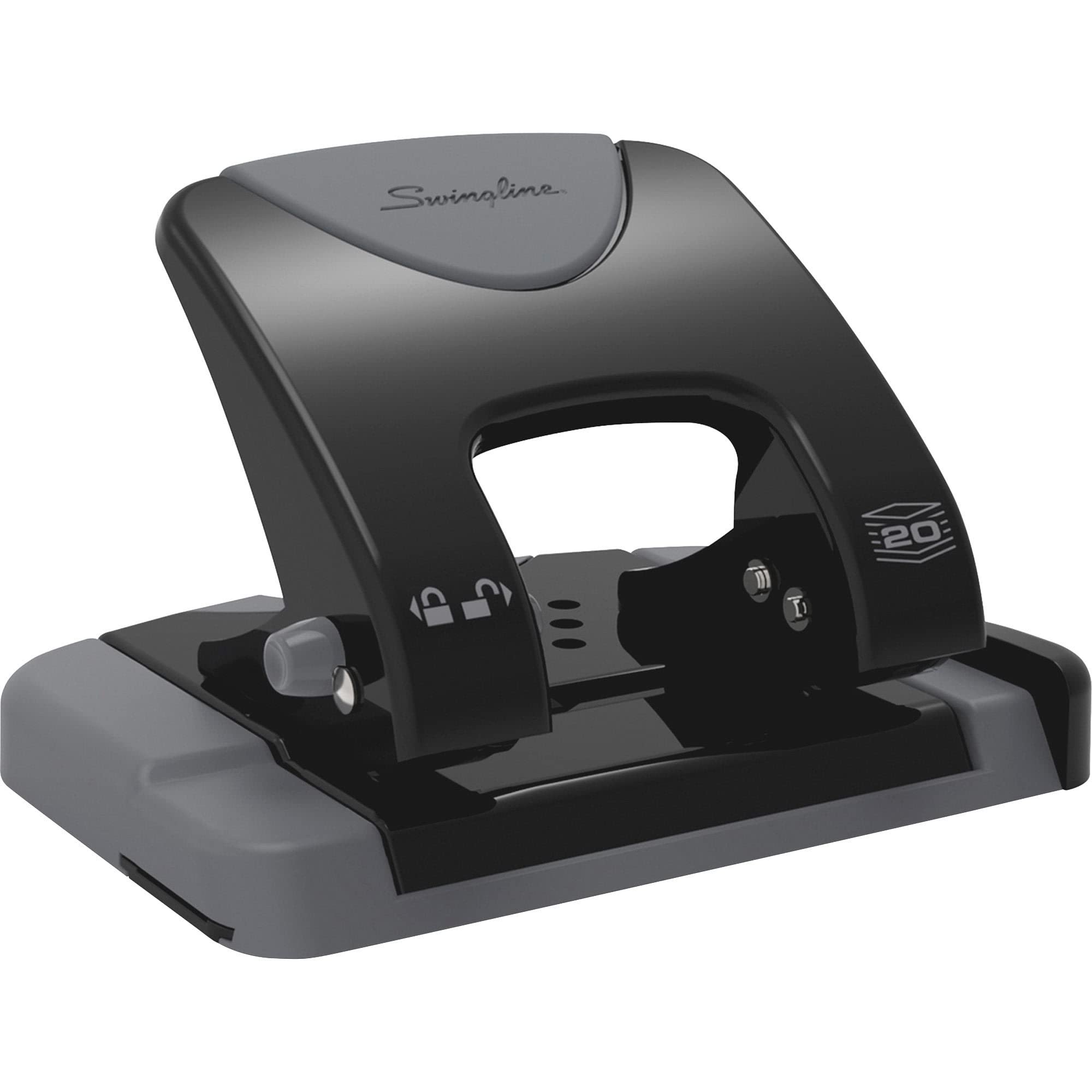 Swingline 2 Hole Punch, 20 Sheet Capacity Hole Puncher, Paper Punch, SmartTouch Low Effort Comfort Handle, Alignment Guide, Black & Gray (74135)