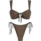 ZAFUL Women's Cinched Bikini Solid Color Wave Textured Knotted Tied Side Two Piece Swimsuit Bathing Suits