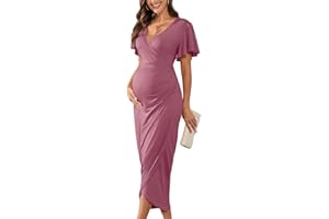 AISWI 2025 Womens Maternity Wrap Dress V Neck Ruffle Sleeves Semi Formal Baby Shower Photoshoot Party Cocktail Pregnancy