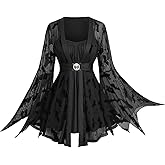 ROSE GAL Plus Size Women Gothic Halloween Costume Flocking Bat Mesh Asymmetric Bell Sleeve 2 in 1 Goth Swing Top