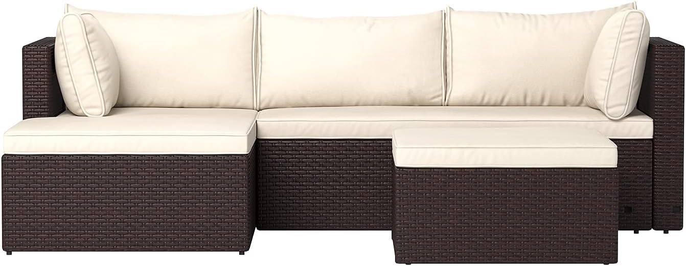  Basics Outdoor Reversible Chaise Wicker Rattan Sectional 3-Piece Set with Cushions and Ottoman, Brown : Garden & Outdoor