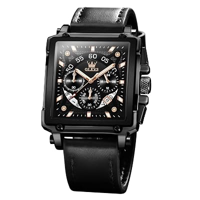 OLEVS Mens Tank Watches Black Rectangle Face Stainless Steel Faux-Leather Watch for Men Sword Hands Classic Day Date Arabic Numerals Men's Chronograph Watch Analog Male Watches for Large Wrist