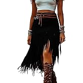 Womens Tassel Suede Skirt, Asymmetric Fringe Western Cowgirl Midi Skirt Boho Chic Bodycon Trim Skirt Dress