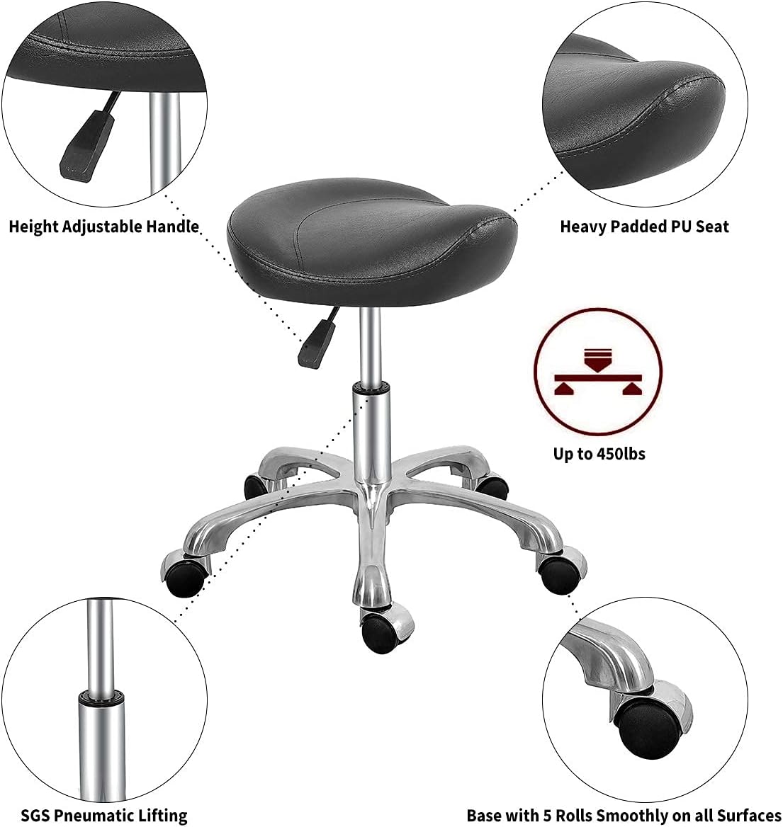 Leather Swivel Saddle Chair Stool,Ergonomic Adjustable Rolling Hydraulic Stool with Wheels for Massage Salon,Home,Office,Clinic,Studio,Lab (Black): Kitchen & Dining