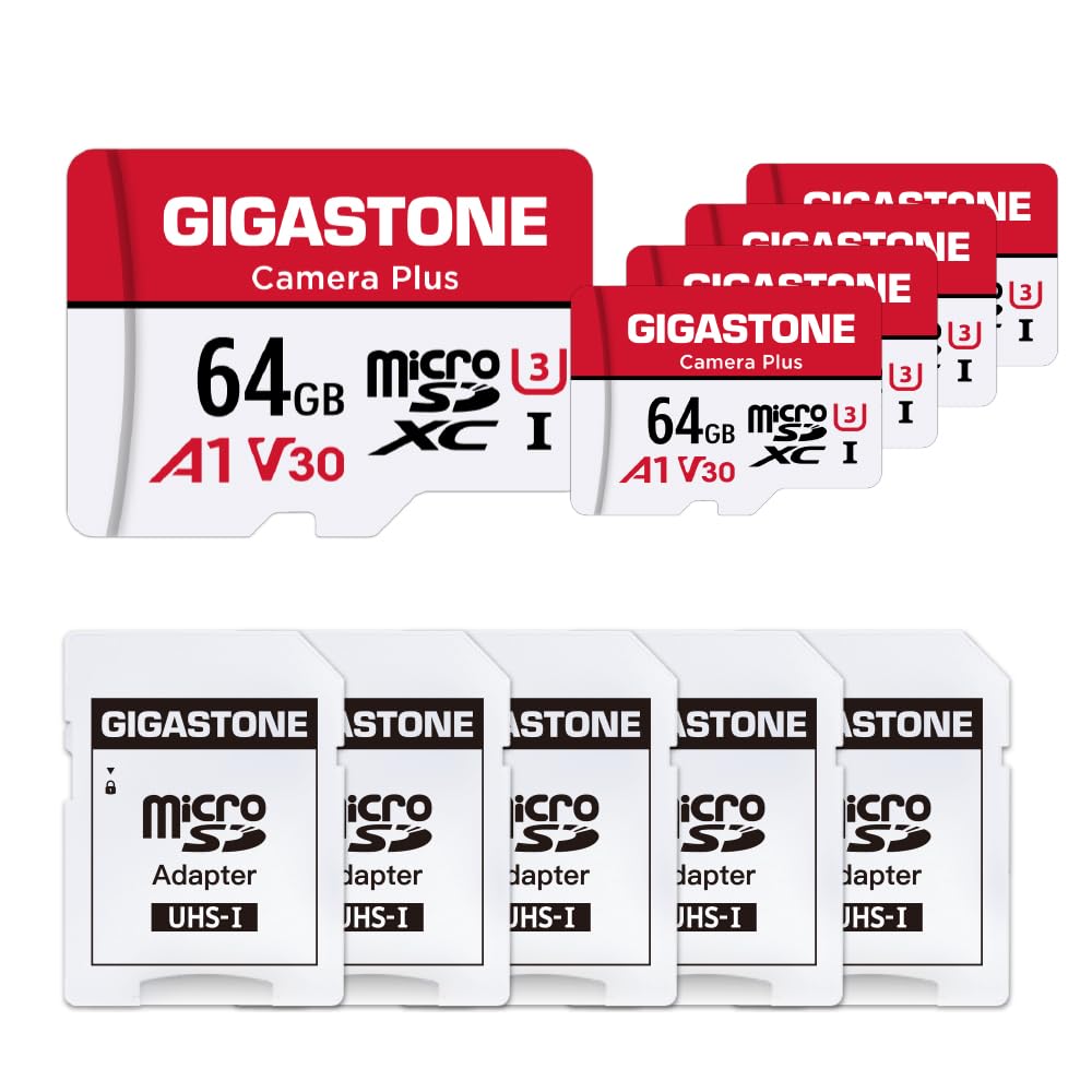 Gigastone 64GB Memory Card Pack of 5 Cards, Camera Plus Serial, Speed up to 95MB/s. Ideal for Full HD Video Gopro Drone Camera, U1 C10 Micro SDXC Card with Mini Shell and SD Adapter.