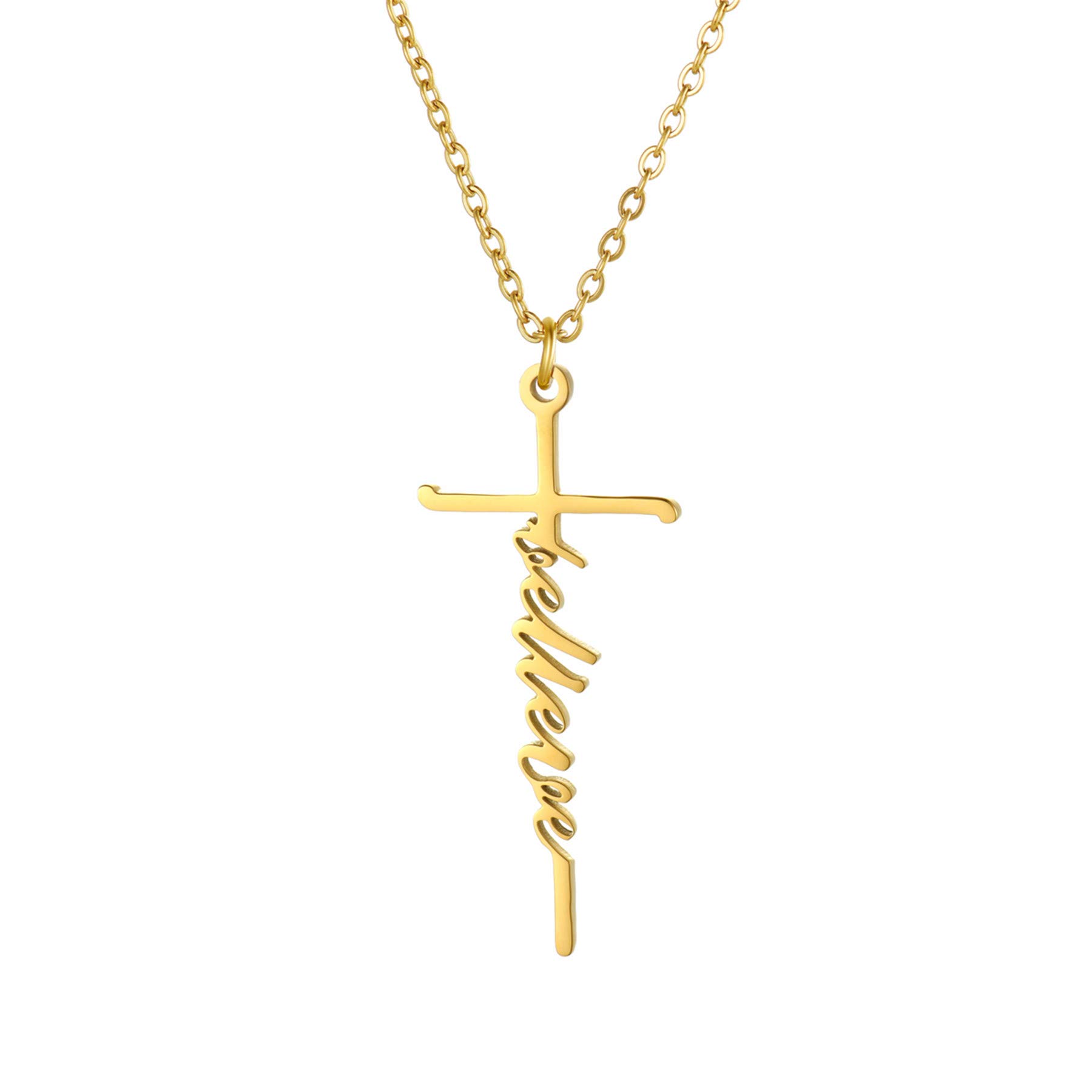 JewelryWe Faith Cross Necklace,Silver/Gold Tone Personalised Love Hope Believe Pendant Necklace Christian Religious Inspirational Jewelry for Women Girls