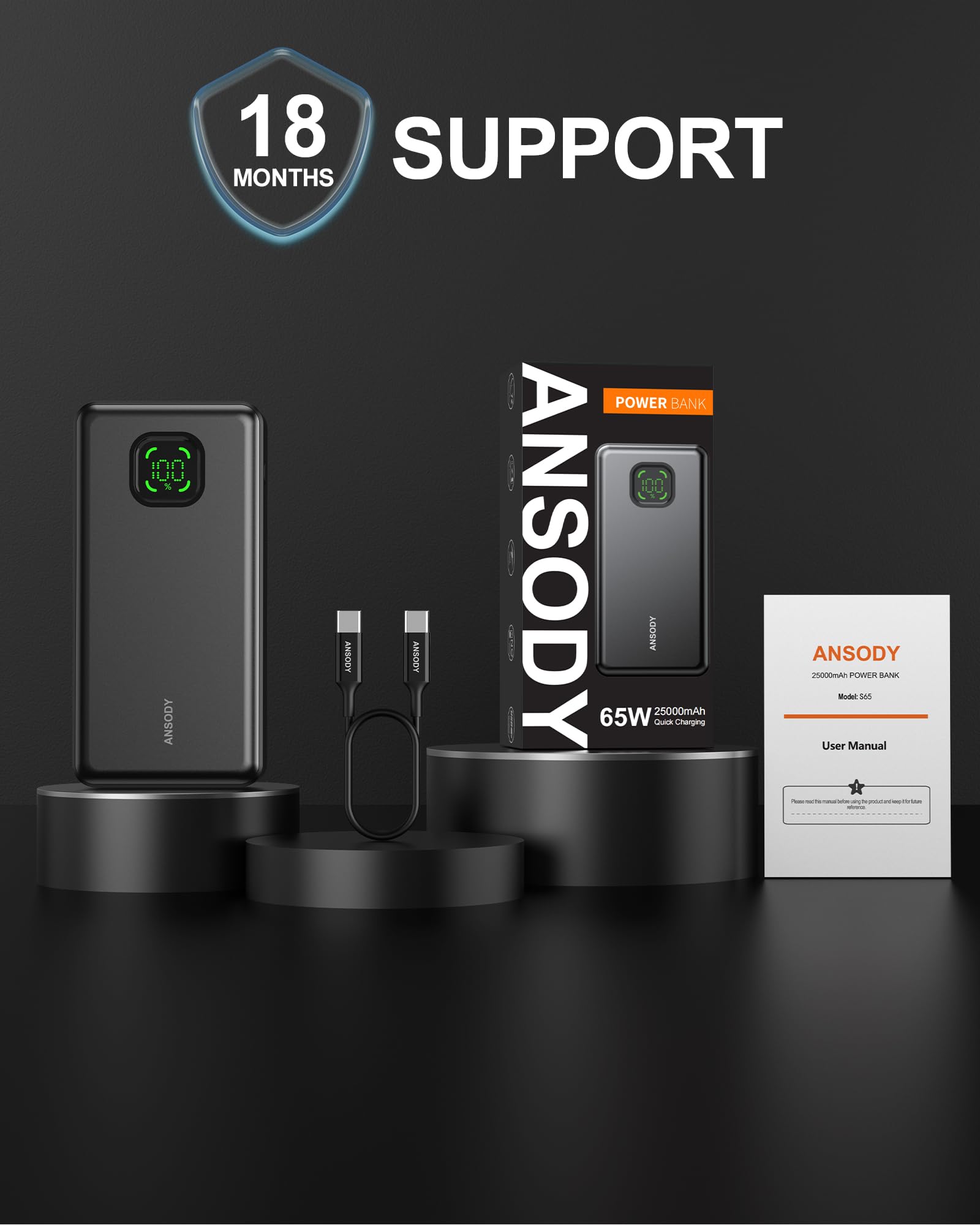 ANSODY Power Bank 65W 25000mAh Powerbank Laptop Klein Aber Stark, 100W Max Externe Handyakkus LED Display USB C Input&Output, Akkupack für iPhone 17 16 15 14 Xiaomi iPad Travel Camping Outdoor (Gray) 9