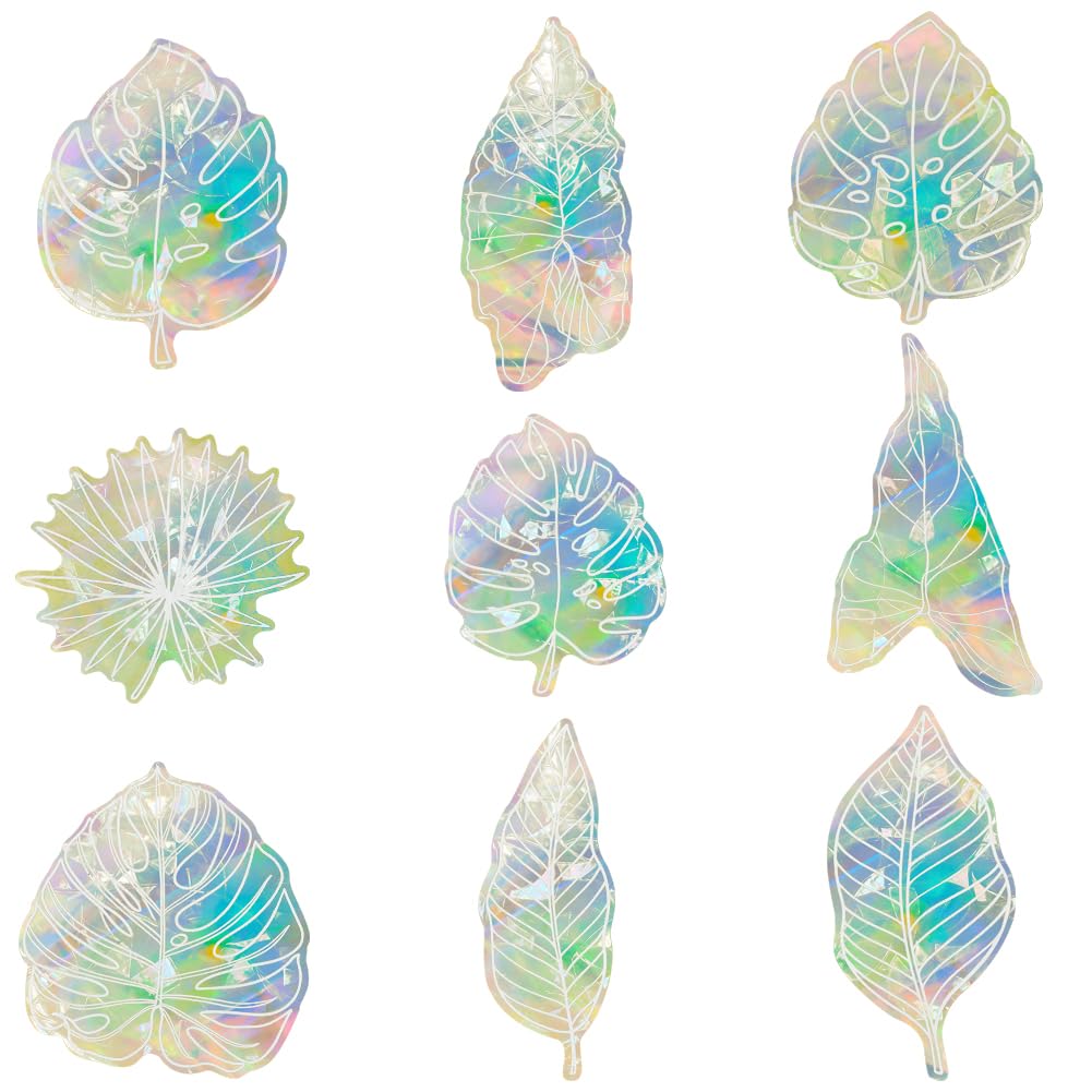 GORGECRAFT 9Pcs Large Leaf Window Clings Tropical Leaves Suncatcher Rainbow Prism Glass Stickers Waterproof PVC Window Static Decals Home Summer Window Decor to Save Birds from Window Collisions
