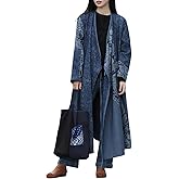 FioraMosaic Women's Vintage V-Neck Tie-Belt Long Denim Jacket Coat Streetwear Trench Coat with Graffiti Patchwork Design