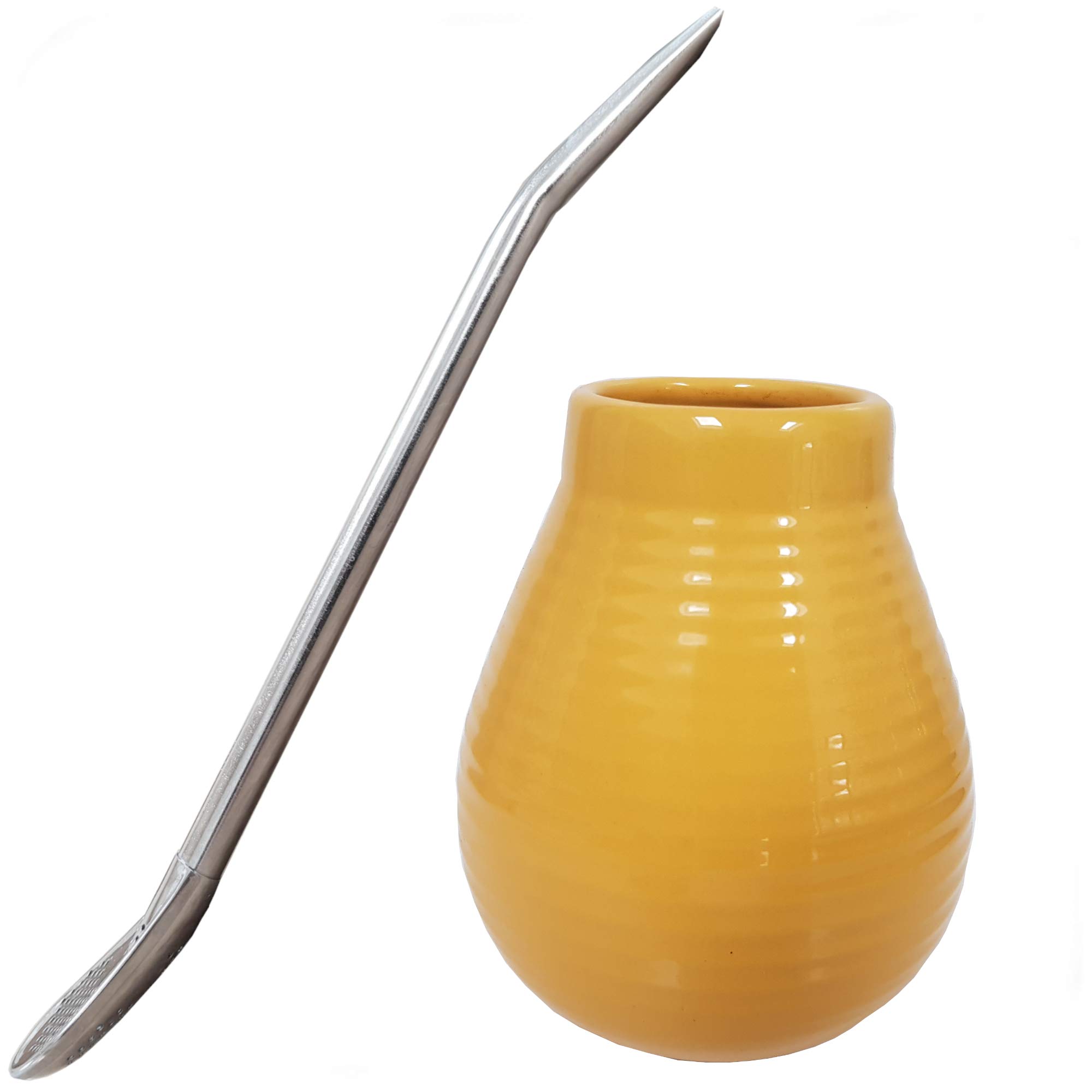 Gaucho Bruno Yerba Mate Ceramic Cup with Stainless Steel Bombilla Drinking Straw - Reusable, Slip-Proof Gripping and Easy Cleaning - for Home and Travel Use - 400ml - Yellow