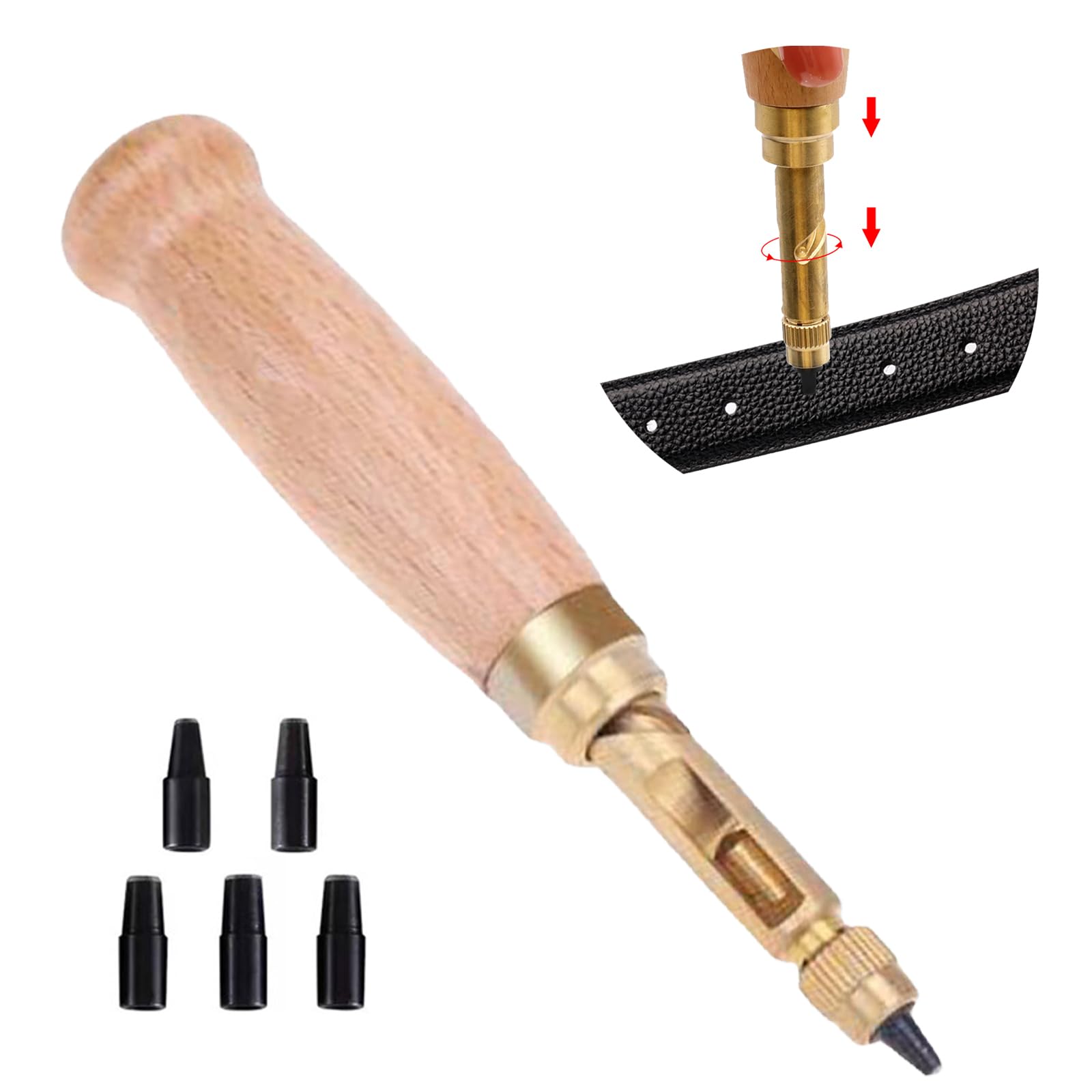 KASESSS Leather Hole Punch, Manual Belt Hole Puncher for Leather, with 6 Tips Size, Wooden Handle Screw Hole Punch, Precision Single Hole Punch for Crafts Paper Pet Collar Bags Shoes DIY Home
