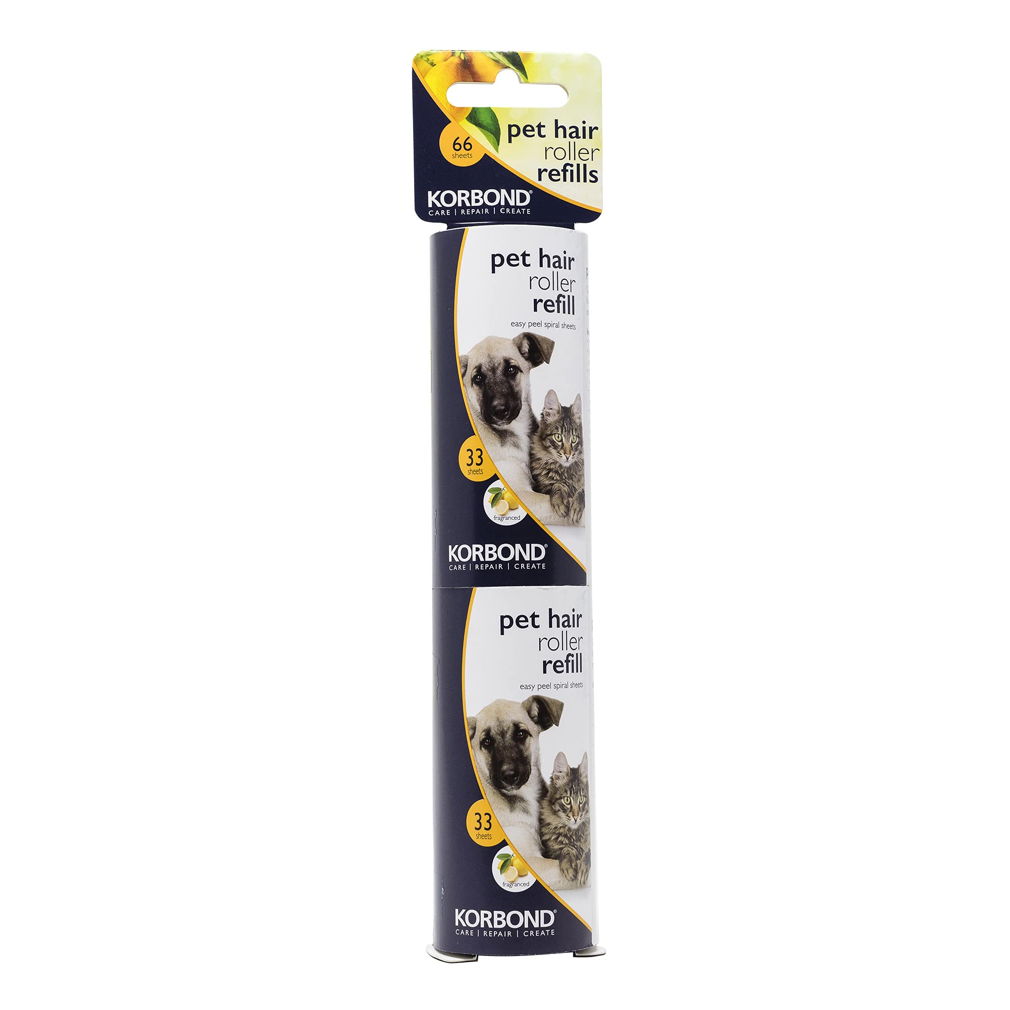 Korbond 9.8m PET Safe Lint Roller Refills-Pack of 2 – 66 Sticky Pre-Cut Citrus Scented Sheets-Suitable for All Fabric Types-Leaves NO Residue, White, 2 Pack