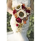 Ansofi 9 Inch Vintage Sunflower Wedding Bouquets for Bride Artificial Burgundy Rose Cascading Bridal Bouquet Burnt Orange Rustic Toss Bouquet for Wedding Ceremony Party Church Decor