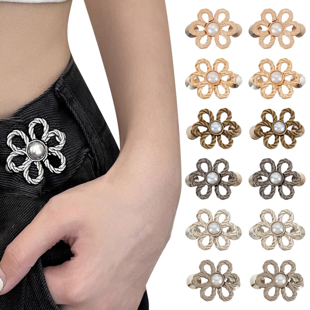 GOMAKERER 24 Sets Flower Jeans Button Pant Waist Tightener, 6 Colors Alloy Adjustable Waist Buckle Sets No Sew and No Tools Detachable Decorative Waist Buckles for Loose Jeans Pants Skirts