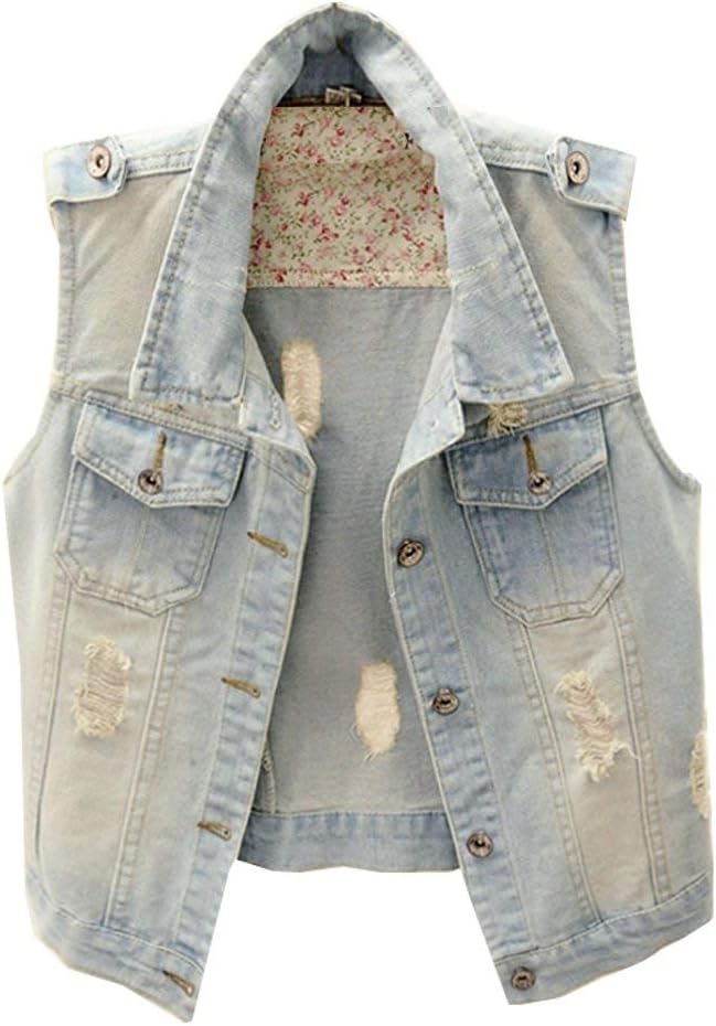 KederaWomens Denim Jean Vest Classic Junior Button Up Cropped Distressed Sleeveless Jean Jacket
