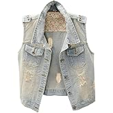 Kedera Womens Denim Jean Vest Classic Junior Button Up Cropped Distressed Sleeveless Jean Jacket