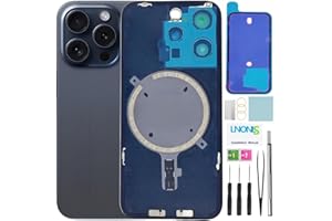 LNONLS 15 Pro Back Glass Replacement for iPhone 15 Pro Rear Back Cover Glass Waterproof and Camera Lens+Professional Repair Tool Kit (Blue Titanium)