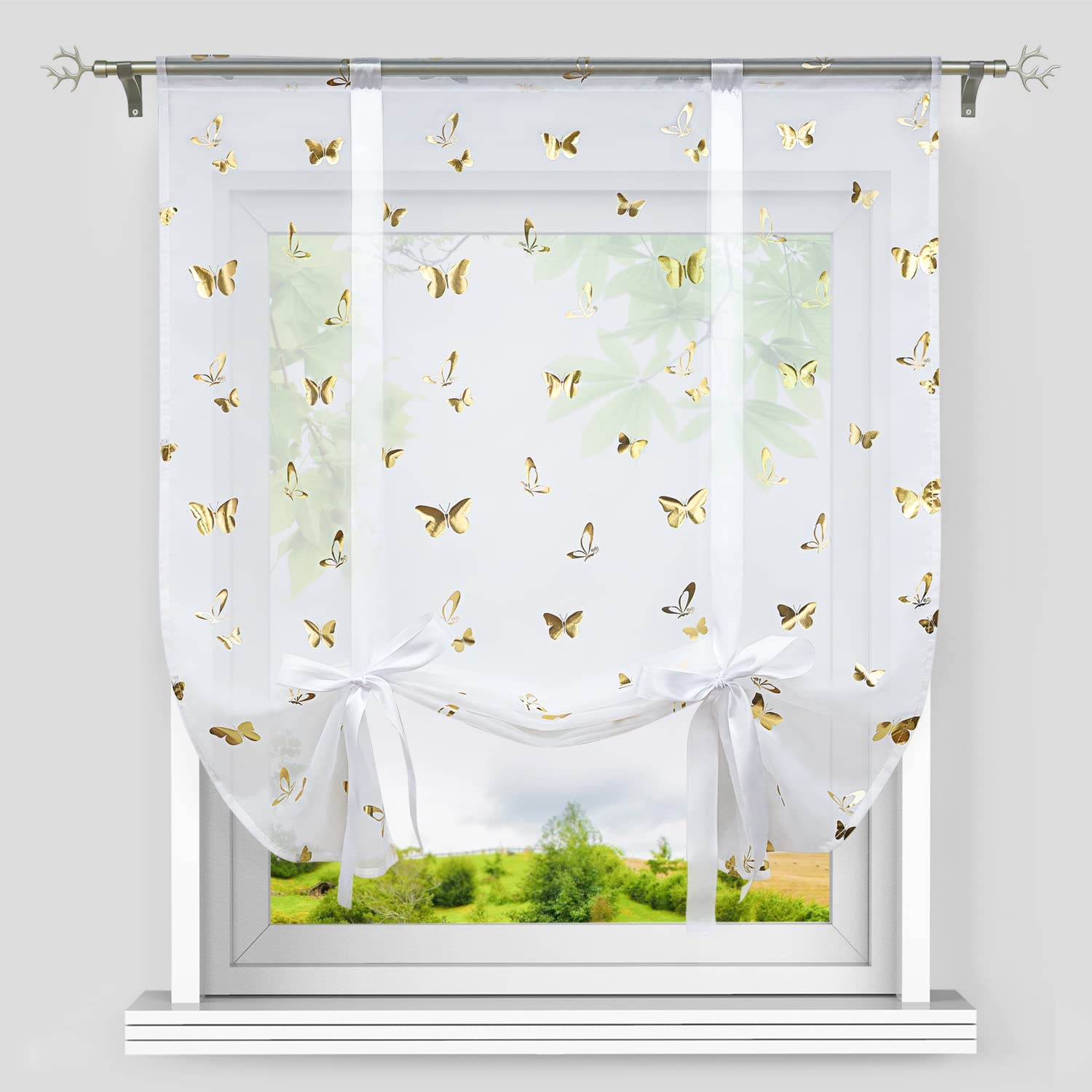Heichkell Roman Blind with Drawstring, Voile, Modern Small Window Kitchen Curtain, Shiny Butterfly Decorative Pattern, Gold, W x H, 80 x 140 cm